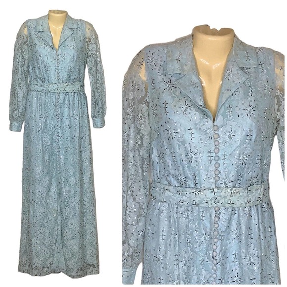 Vintage Jack Bryan Dress Small Hostess Gown Beaded Floral Lace Maxi Long Sleeve - Picture 1 of 14